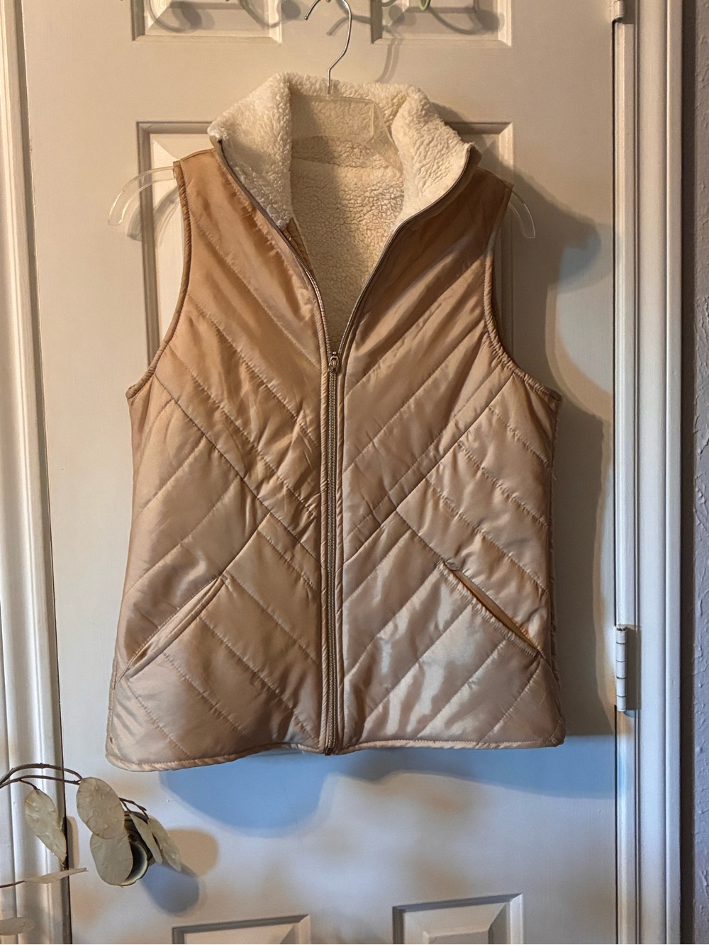 Quilted Sherpa-Lined Zip Front Vest in Light Tan